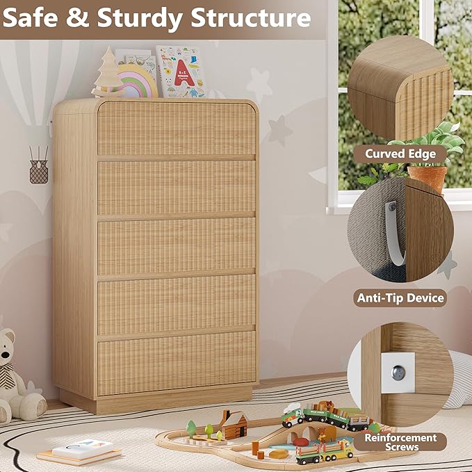 Tall Dresser for Bedroom with 5 Drawers, Fluted Chest of Drawers with Round - Image 4