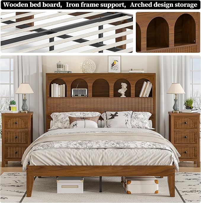 Queen Bed Frame with Storage Headboard 5 Arched Storage Compartments, 12.4 Inch - Image 3