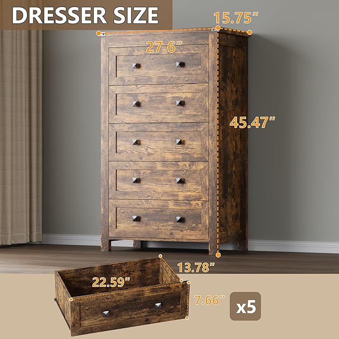 Tall 5-Drawer Dresser, Modern Wooden Storage Chest of Drawers, Dresser TV Stand - Image 2
