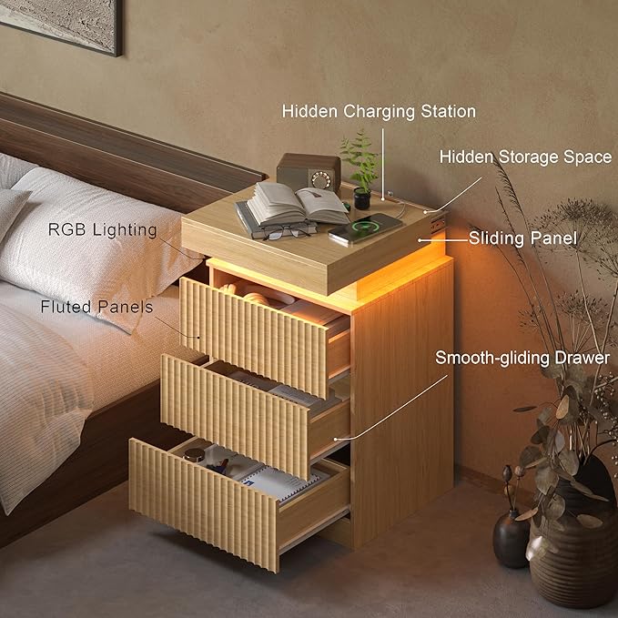 Wood Nightstand with 3 Drawers and LED Light, Mid Century Modern Fluted Night - Image 4