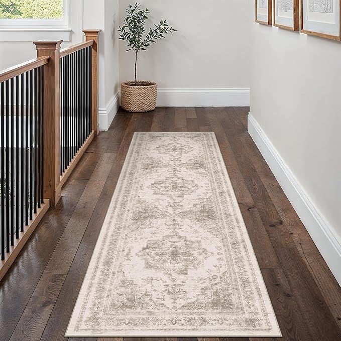 Runner Rug 2x7 Beige Hallway Washable Carpet Non Slip Vintage Medallion Carpet - Image 5