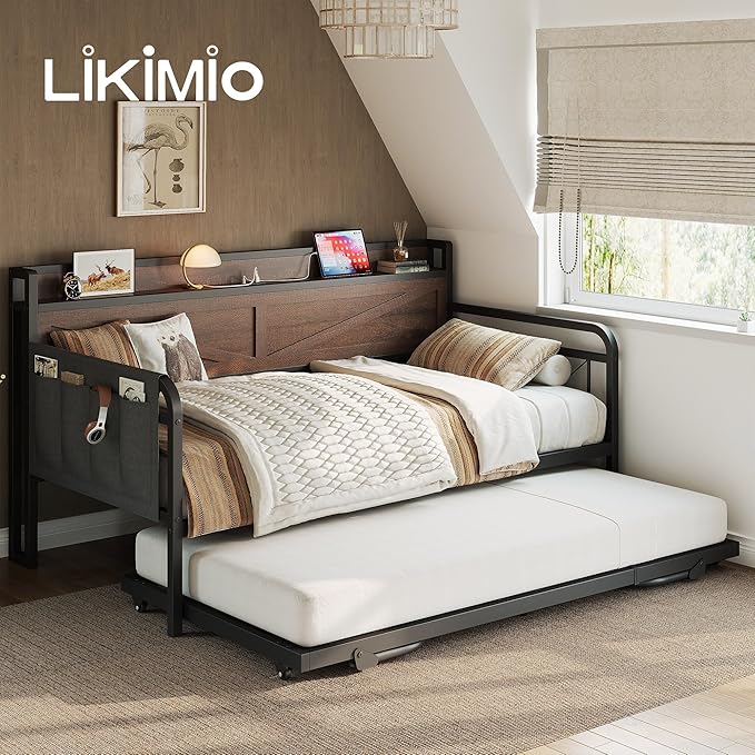 LIKIMIO Twin Daybed with Trundle Bed, Storage Headboard with Charging Station - Image 2