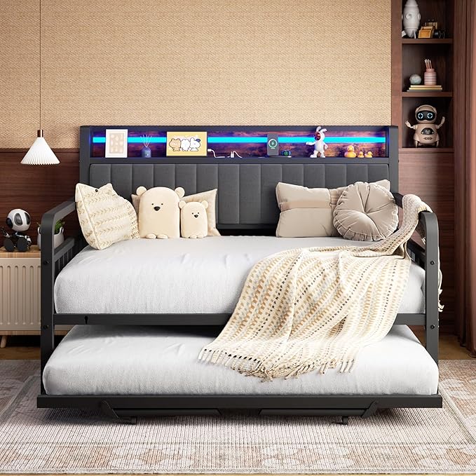Daybed with Trundle and LED Light, Heavy Duty Metal Full Bed Frame with - Image 4