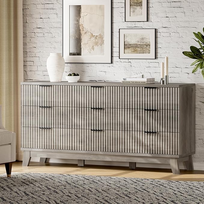 Fluted Dresser with 9 Drawers, Wooden Dresser TV Stand, Modern Closet Clothes - Image 3