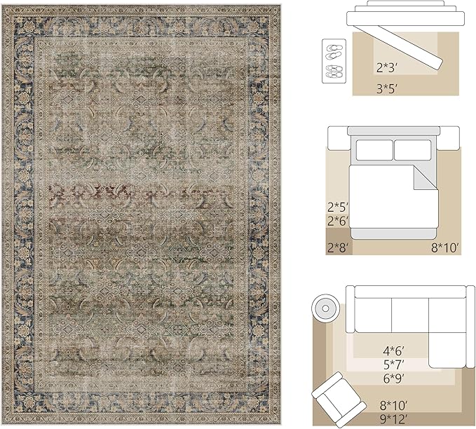 FMFUNCTEX 4x6 Washable Area Rug Neutral Vintage Brown Distressed Non Slip Low - Image 2