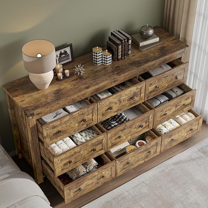 BORNOON 9-Drawer Dresser, Modern Wooden Storage Chest of Drawers, Dresser TV - Image 4