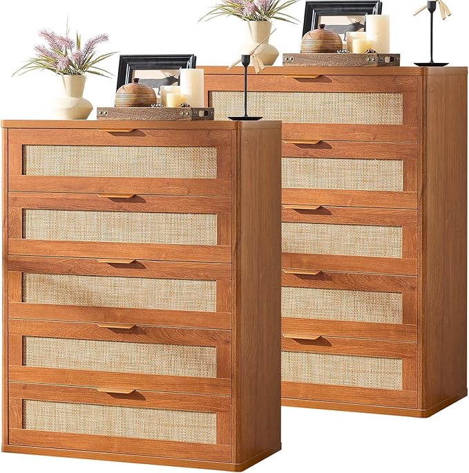 LEYAOYAO Rattan Dresser for Bedroom Set 2, Modern 5 Drawers Boho Dressers by LEYAOYAO-Findtheshiningpointofyourideallife%EF%BC%81