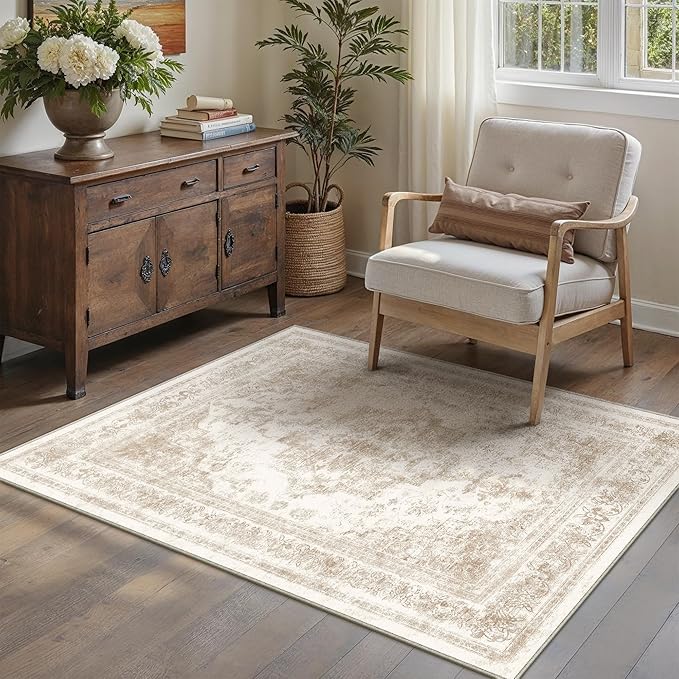 Area Rug 3x5 Cream Washable Office Entryway Vintage Medallion Beige Carpet Non - Image 5
