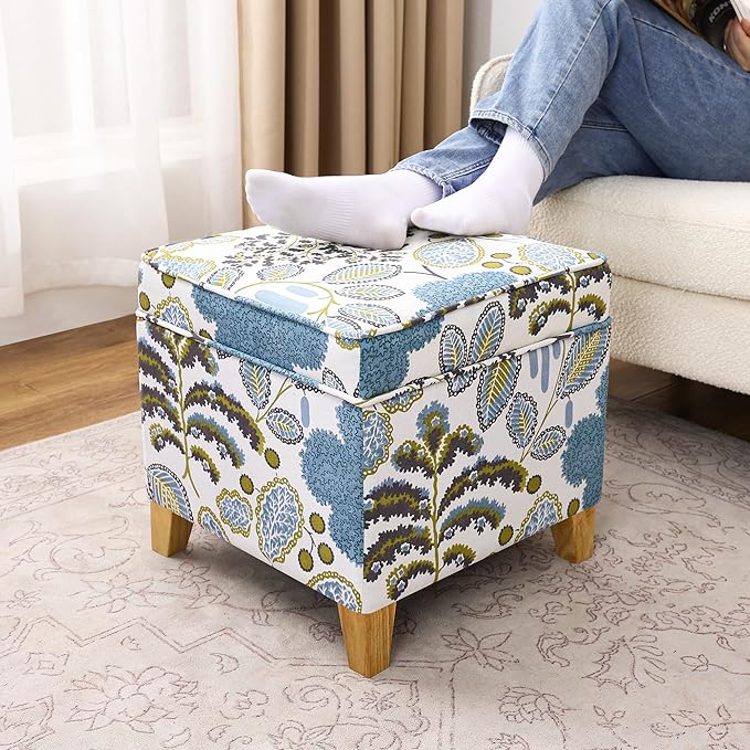 Adeco 18 Inch High Cube Ottoman Storage, Linen Chair Foot Stools, Upholstered by Adeco