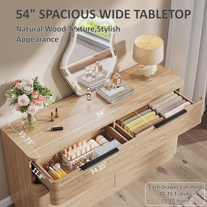6 Drawer Dresser for Bedroom, Curved Profile Design, Wooden Oak Dresser Closet - Image 7