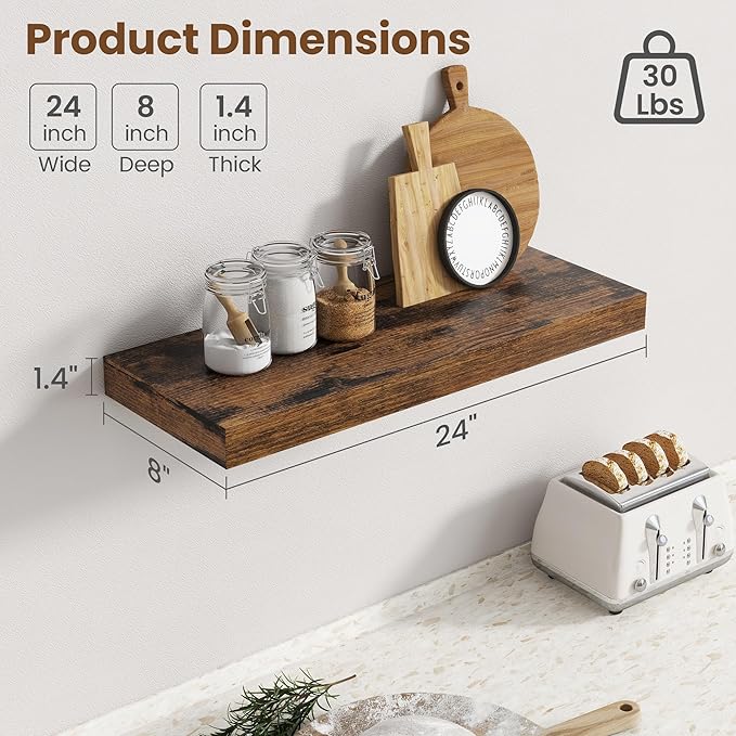 24 Inch Floating Shelves for Wall, 8 Inch Deep Floating Shelf for Storage & - Image 3