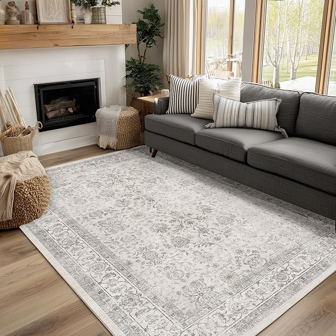FMFUNCTEX 5x7 Washable Area Rug Grey Neutral Vintage Non Slip Low Pile by Fmfunctex