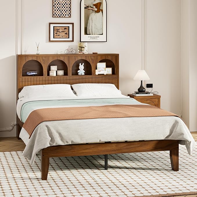 Full Bed Frame with Wave Headboard, Storage Headboard with 4 Arched Storage - Image 3