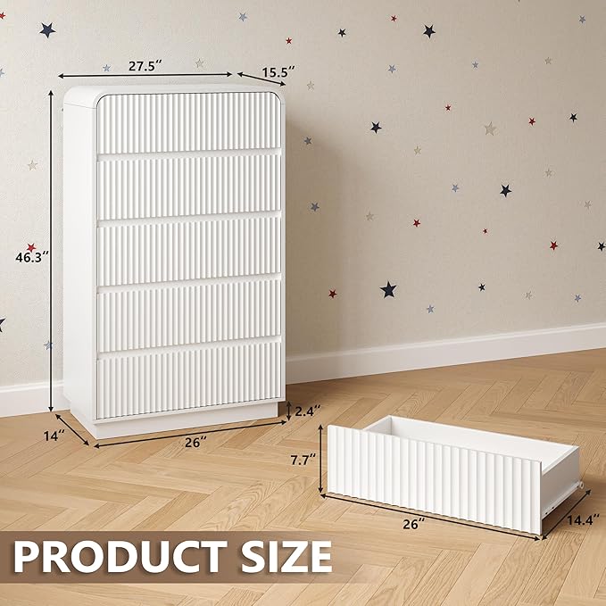 Tall Dresser for Bedroom with 5 Drawers, Fluted Chest of Drawers with Round - Image 2