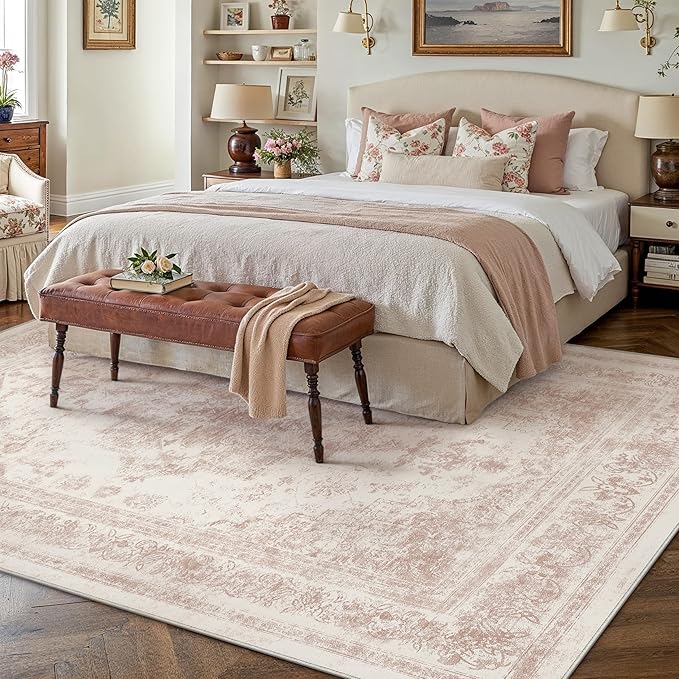 Area Rug 5x7 Washable Pink Rug Vintage Boho Medallion Large Distressed Retro - Image 5