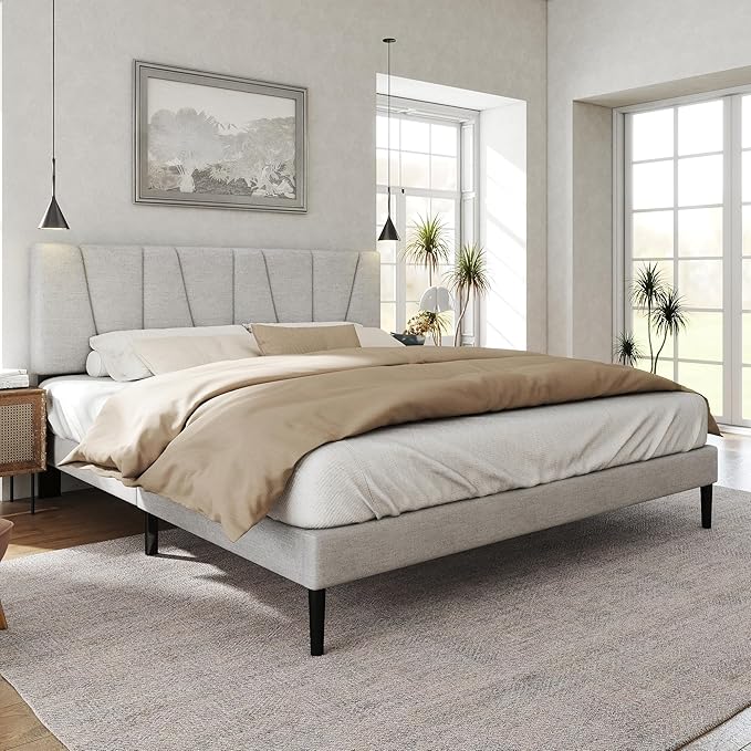 King Size Bed Frame with Fabric Upholstered Headboard, Platform Bed with Wooden - Image 3