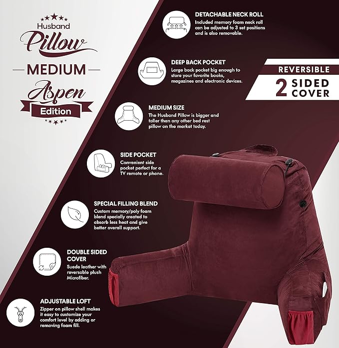 Husband Pillow Medium Aspen Edition Arizona Maroon, Sit Up Reading & Bed Rest - Image 4