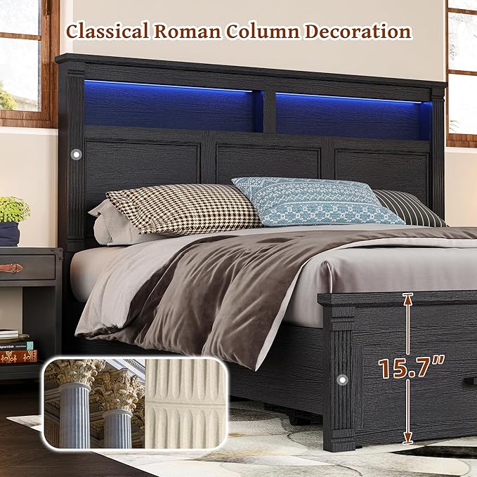 53" Tall King Bed Frame with Headboard and Storage, 2 Drawers and LED Built in - Image 6
