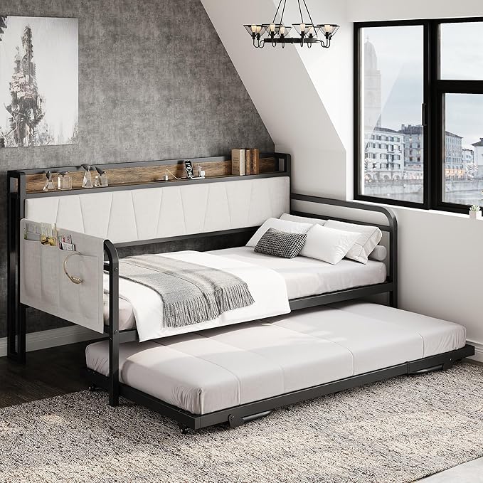 LIKIMIO Daybed with Trundle Bed, Twin Bed Frame with Storage Headboard and - Image 2
