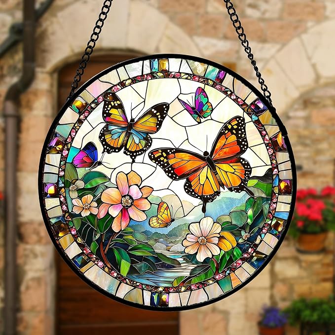 DASTOLL Stained Glass Window Hanging, Butterflies Flying in The Sky Suncatcher - Image 4