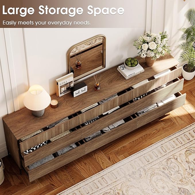 WAMPAT 94.5" W Fluted Dresser for Bedroom, Modern 9 Drawer Dresser TV Stand - Image 5