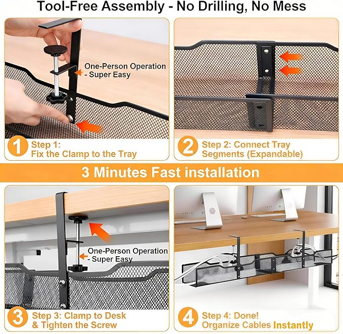 No Drill Under Desk Cable Management Tray, Extended-Length Metal Mesh Wire - Image 3