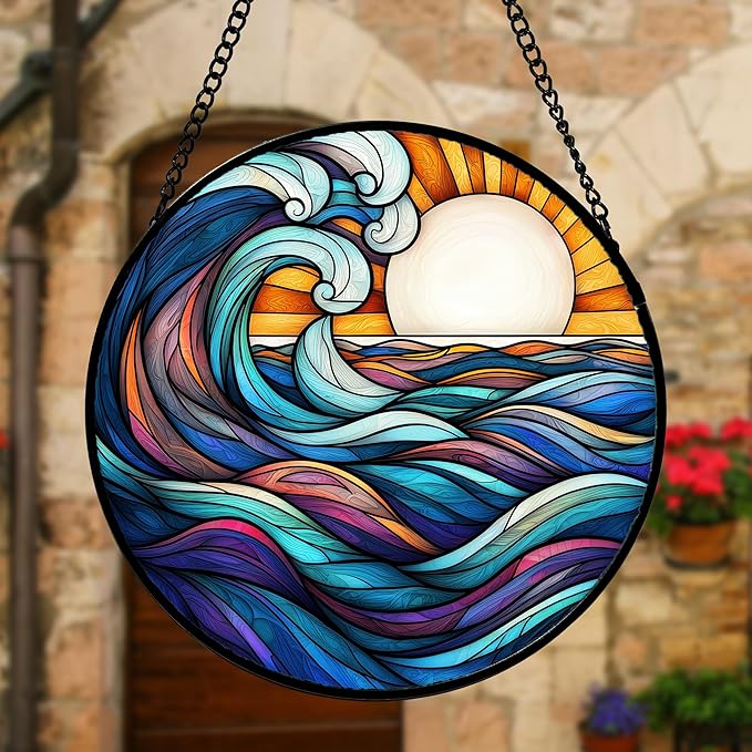 DASTOLL Stained Glass Window Hanging, Big Wave Sun Suncatcher Diamond Glass - Image 5