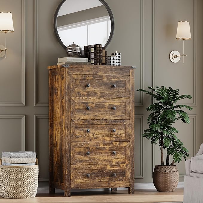 Tall 5-Drawer Dresser, Modern Wooden Storage Chest of Drawers, Dresser TV Stand - Image 6