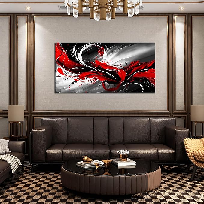 Black White and Red Abstract Print Picture Painting Large Canvas Wall Art - Image 4