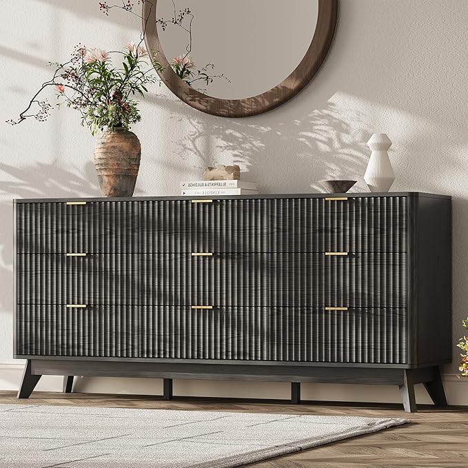 63'' Wide 9 Drawers Dresser for Bedroom, Modern Fluted Vertical Chest by TROJMHome