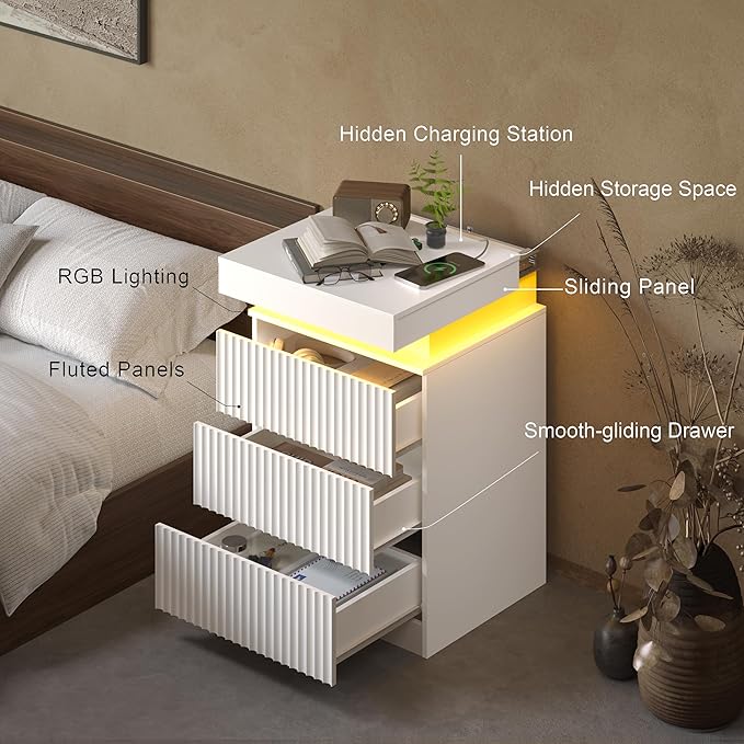 White Nightstand with 3 Drawers and LED Light, Mid Century Modern Fluted Night - Image 4