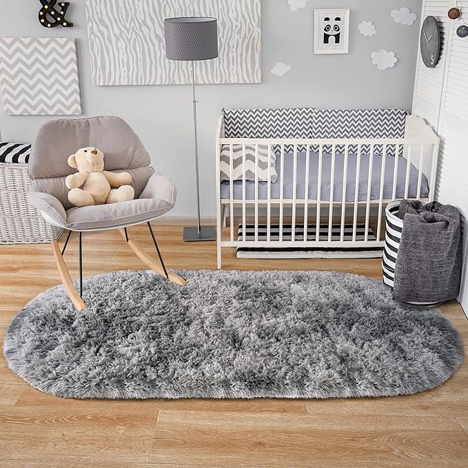 Noahas Oval Fluffy Grey Rainbow Rug 2.6X5.3 Small Kids Rugs - Image 9