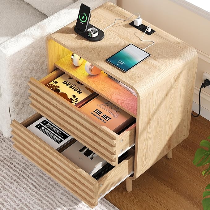 22.4"W Fluted Night Stand with 2 Drawers and Opening Shelf, RGB Nightstand with - Image 9