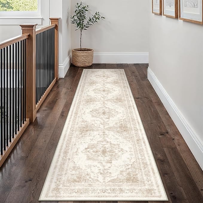 Runner Rug 3x10 Cream Hallway Washable Beige Carpet Non Slip Vintage Medallion by PureCozy