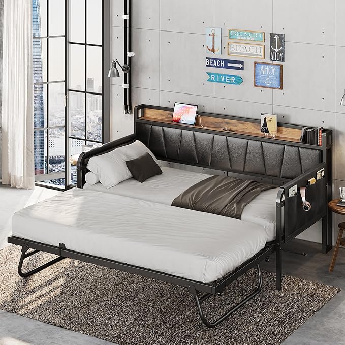 LIKIMIO Daybed with Trundle Bed, Twin Bed Frame with Storage Headboard and - Image 8
