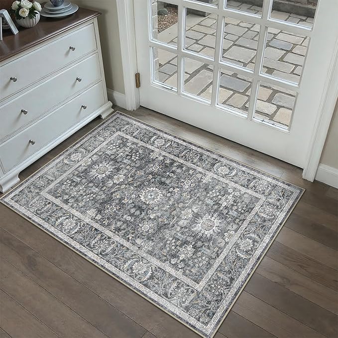 Blue 2x3 Entryway Area Rug Machine Washable Door Mat Kitchen Vintage Distressed by PureCozy