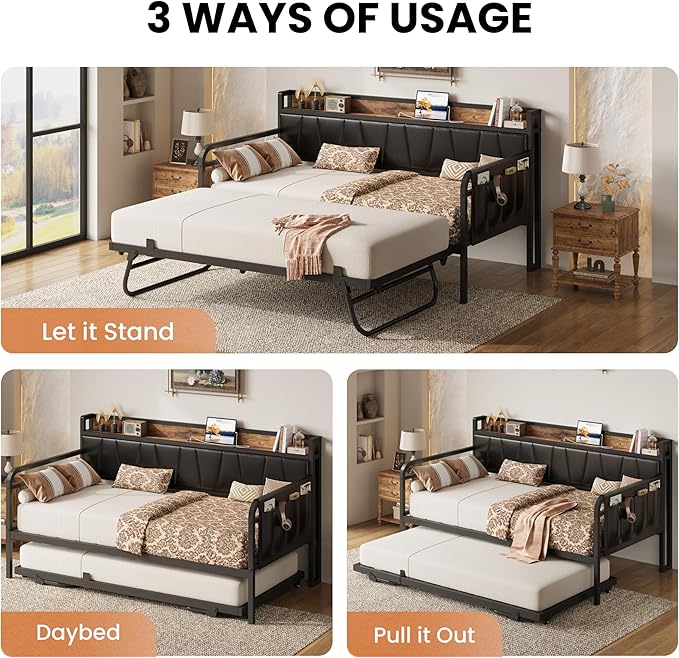 LIKIMIO Daybed with Trundle Bed, Twin XL Bed Frame with Storage Headboard and - Image 4
