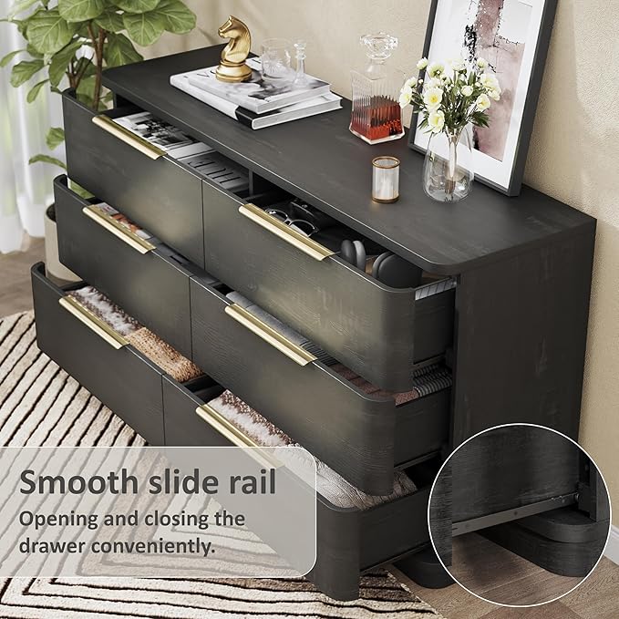 6 Drawer Dresser for Bedroom, Curved Profile Design, Wooden Black Dresser - Image 3