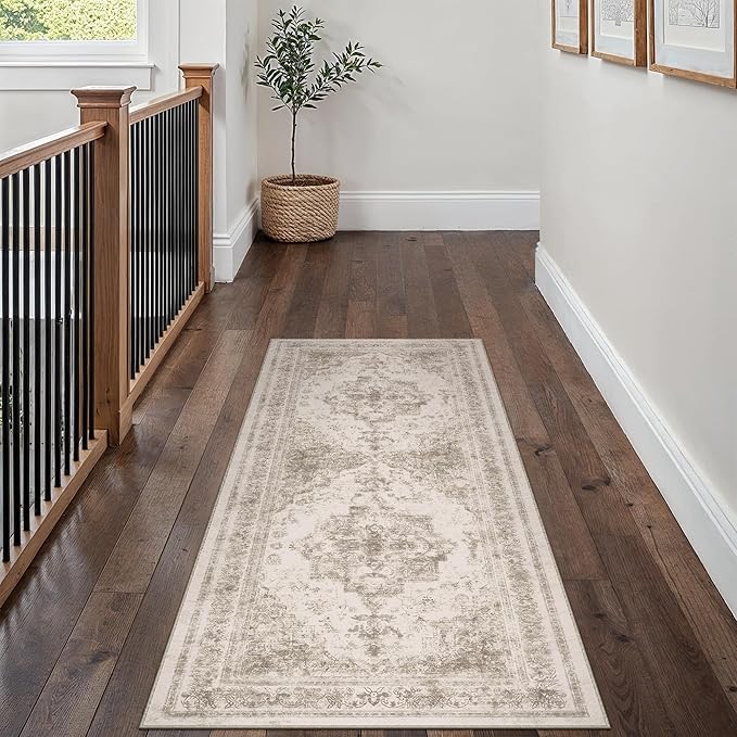 Runner Rug 2x6 Beige Hallway Washable Carpet Non Slip Vintage Medallion Carpet - Image 5