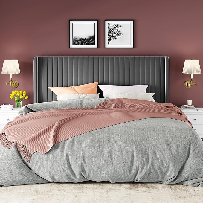 Allewie King Size Velvet Bed Frame/Vertical Channel Tufted Wingback - Image 3