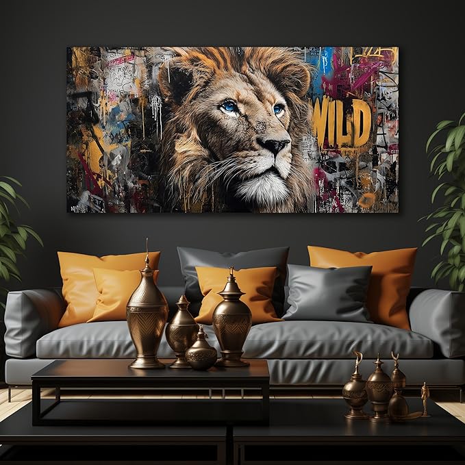 JuhaiArt Brown Wall Art Lion Artwork Graffiti Wall Decor Animal Canvas Art - Image 3