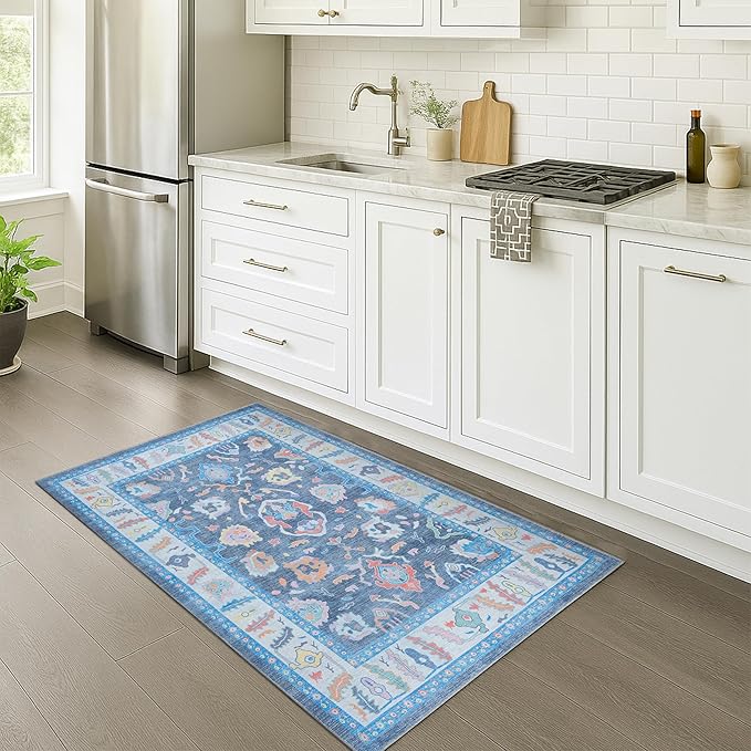 Fame Rugs Blue Modern Oushak Rug 3x5, Washable Vintage Turkish Colorful by FameRugs