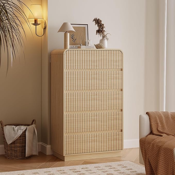 Tall Dresser for Bedroom with 5 Drawers, Fluted Chest of Drawers with Round by BORNOON