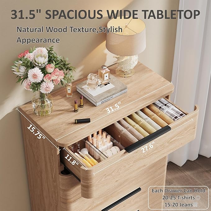 5 Drawer Dresser for Bedroom, Curved Profile Design, Wooden Closet - Image 4