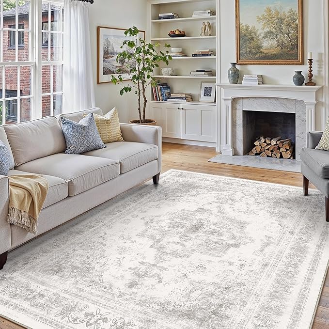 Washable Rug 8x10 Area Rug for Living Room Light Gray Vintage Boho Medallion by PureCozy