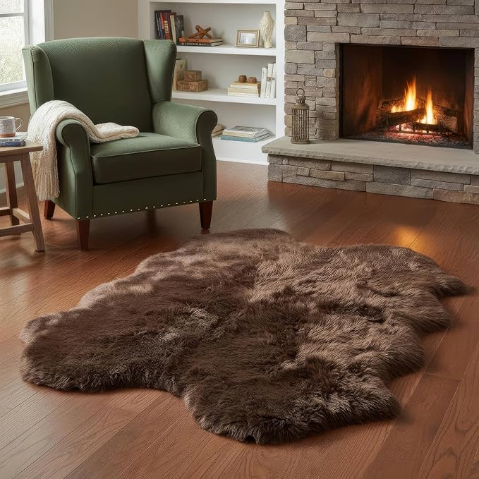 Genuine Dark Brown Sheepskin Rug, Real Fluffy Quad Pelt 4x6 ft Fur Area Rug - Image 3