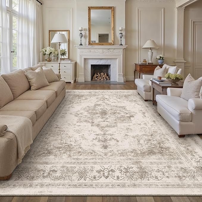 Area Rug 10x14 Beige Washable Living Room Carpet Non Slip Vintage Medallion - Image 5