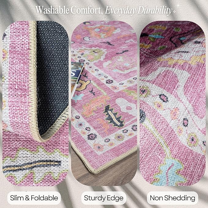 Fame Rugs Pink Modern Oushak Rug 3x5, Washable Vintage Turkish Colorful - Image 3
