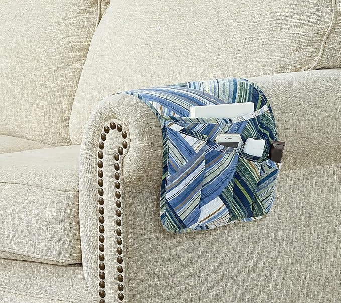 Brilliant Sunshine Teal Herringbone Patchwork Couch Armrest 5 Pockets Organizer - Image 2