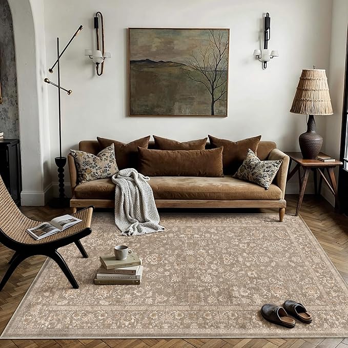 3x5 Deep Brown Area Rug Non Slip Vintage Office Entryway Rug Distressed Machine by PureCozy